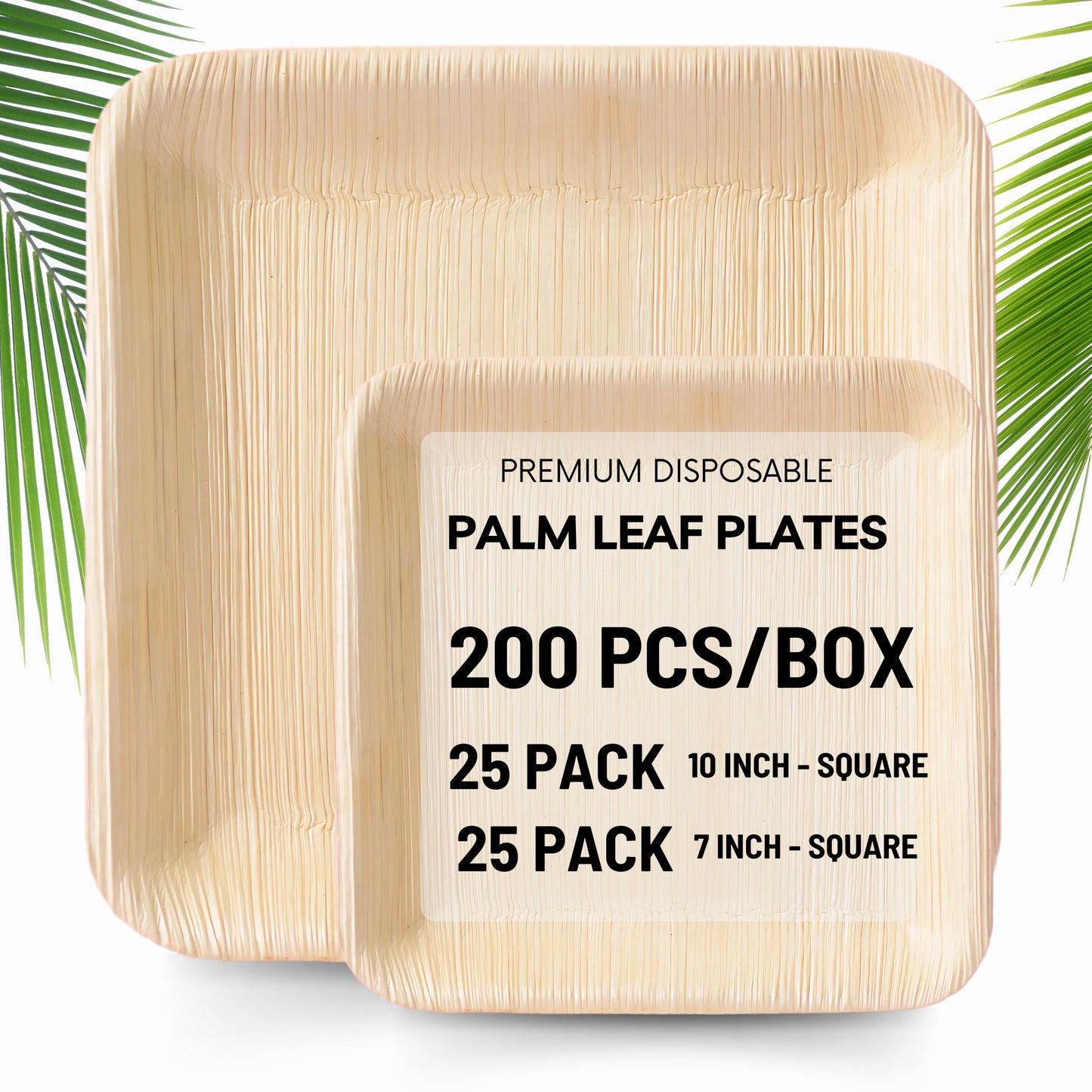 Areca Palm Leaf Square Plates Combo (10" & 7") - 200 pcs/box
