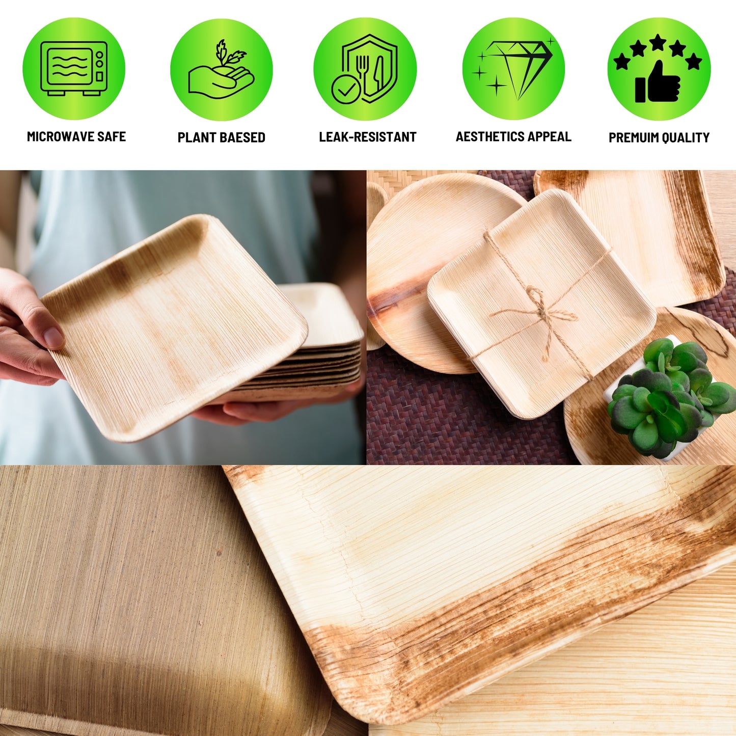 Areca Palm Leaf Plates - 7 Inch Square (200 pcs/box)