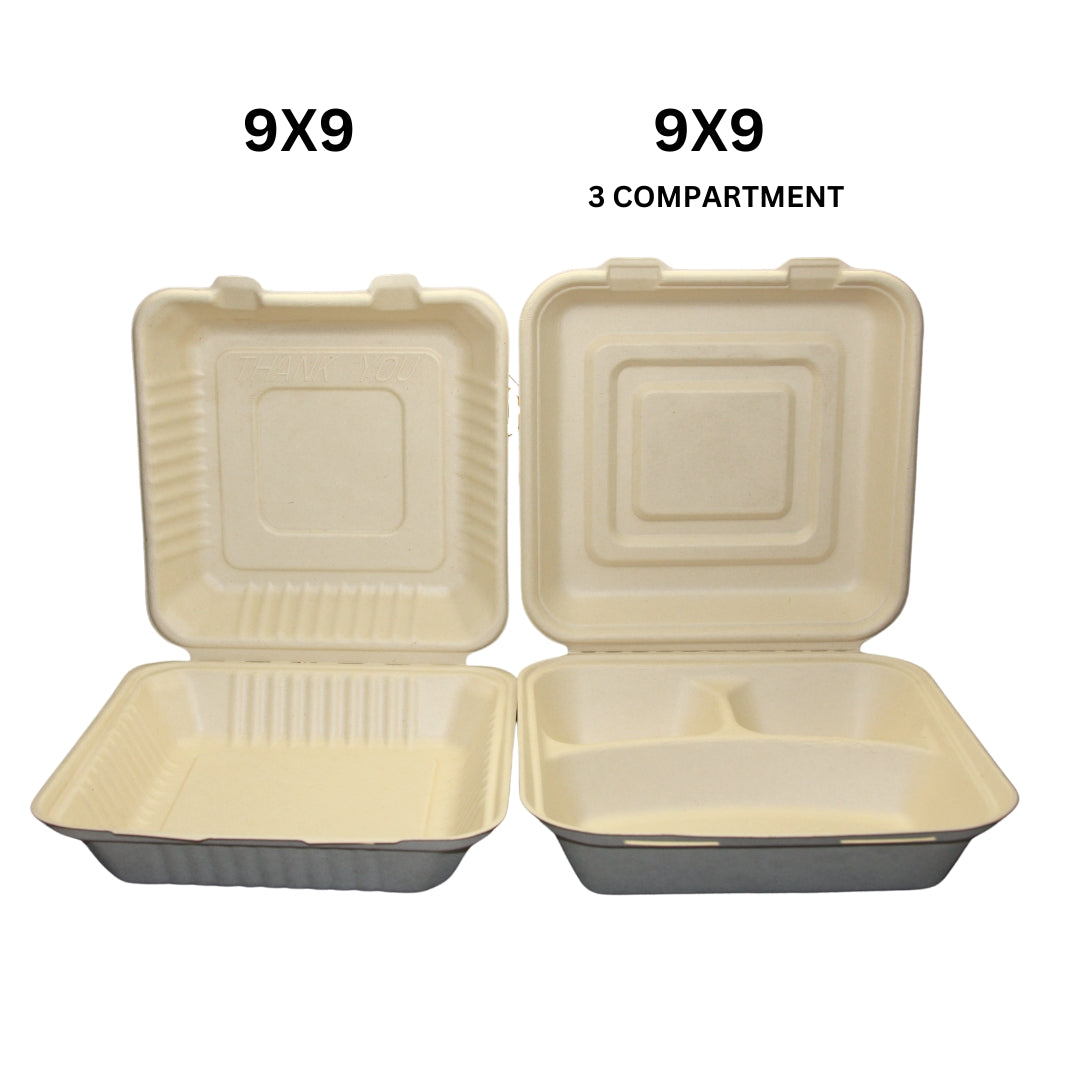 Biodegradable Clamshell Takeout Containers - Heavy Duty, 9x9 Divider (100 Pack)