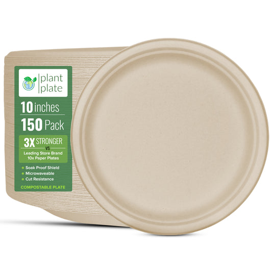 10 Inch Biodegradable Sugarcane Bagasse Paper Plates - 150 Pack